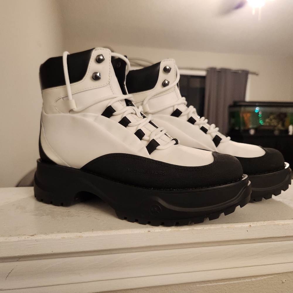 MICHAEL KORS ANKLE BOOTS DUPREE HIKER WOMEN FABRIC BLACK OPTIC WHITE